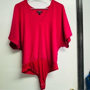 Womens Express Pink Bodysuit Top Shirt Short Sleeve V-Neck Lined Casual Sz L